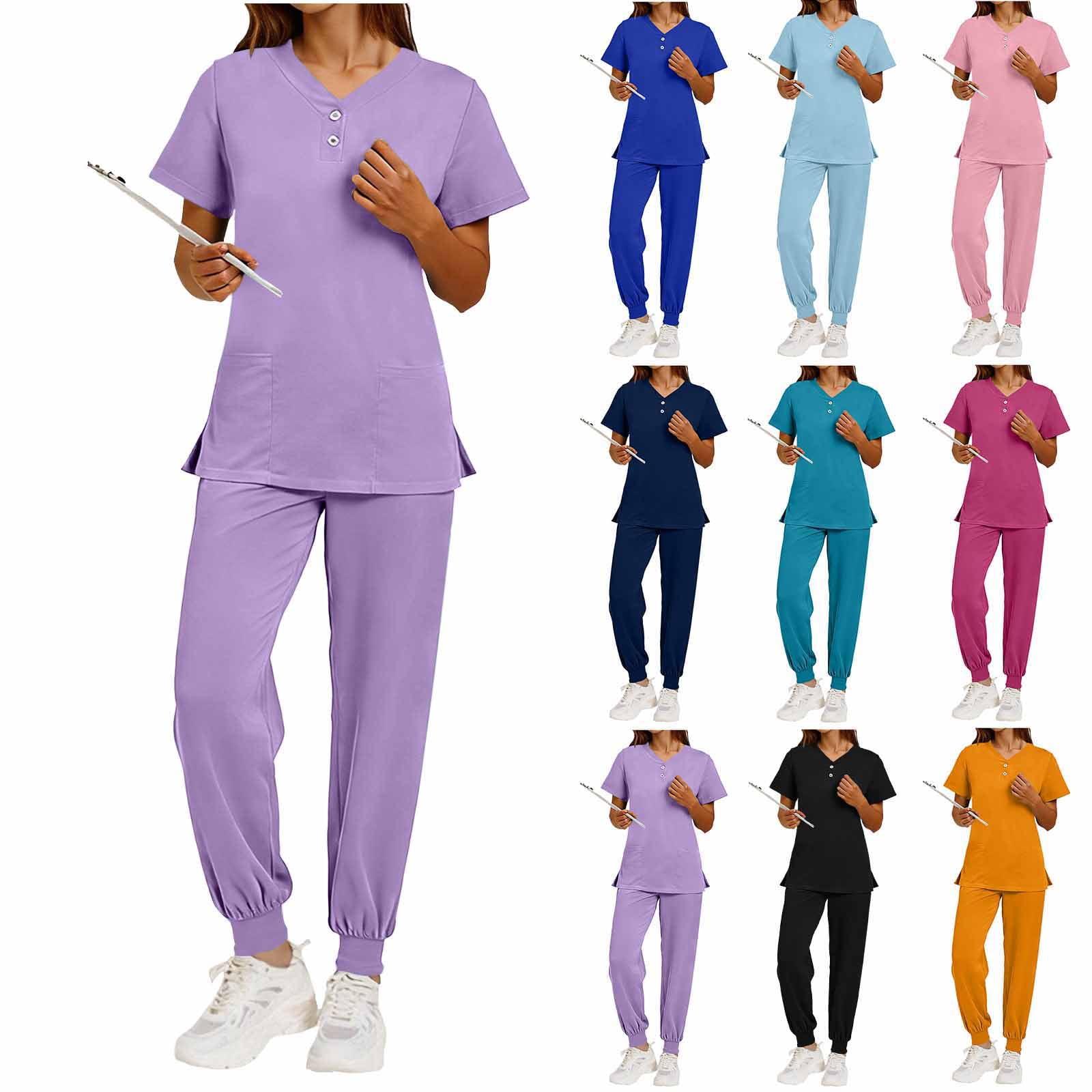 Womens Scrubs Set Short Sleeve V Neck Top & Jogger Pants 2 Piece Nursing Uniform Workwear with Pockets Stretch Breathable Medical Hospital Clinic Outfit