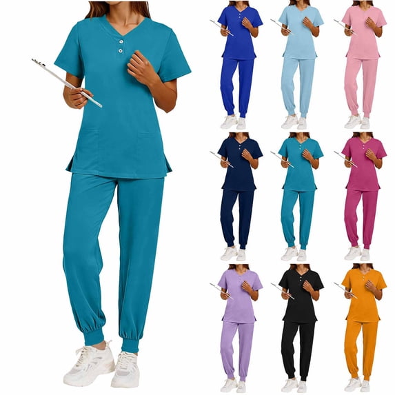 Womens Scrubs Set Short Sleeve V Neck Top & Jogger Pants 2 Piece Nursing Uniform Workwear with Pockets Stretch Breathable Medical Hospital Clinic Outfit