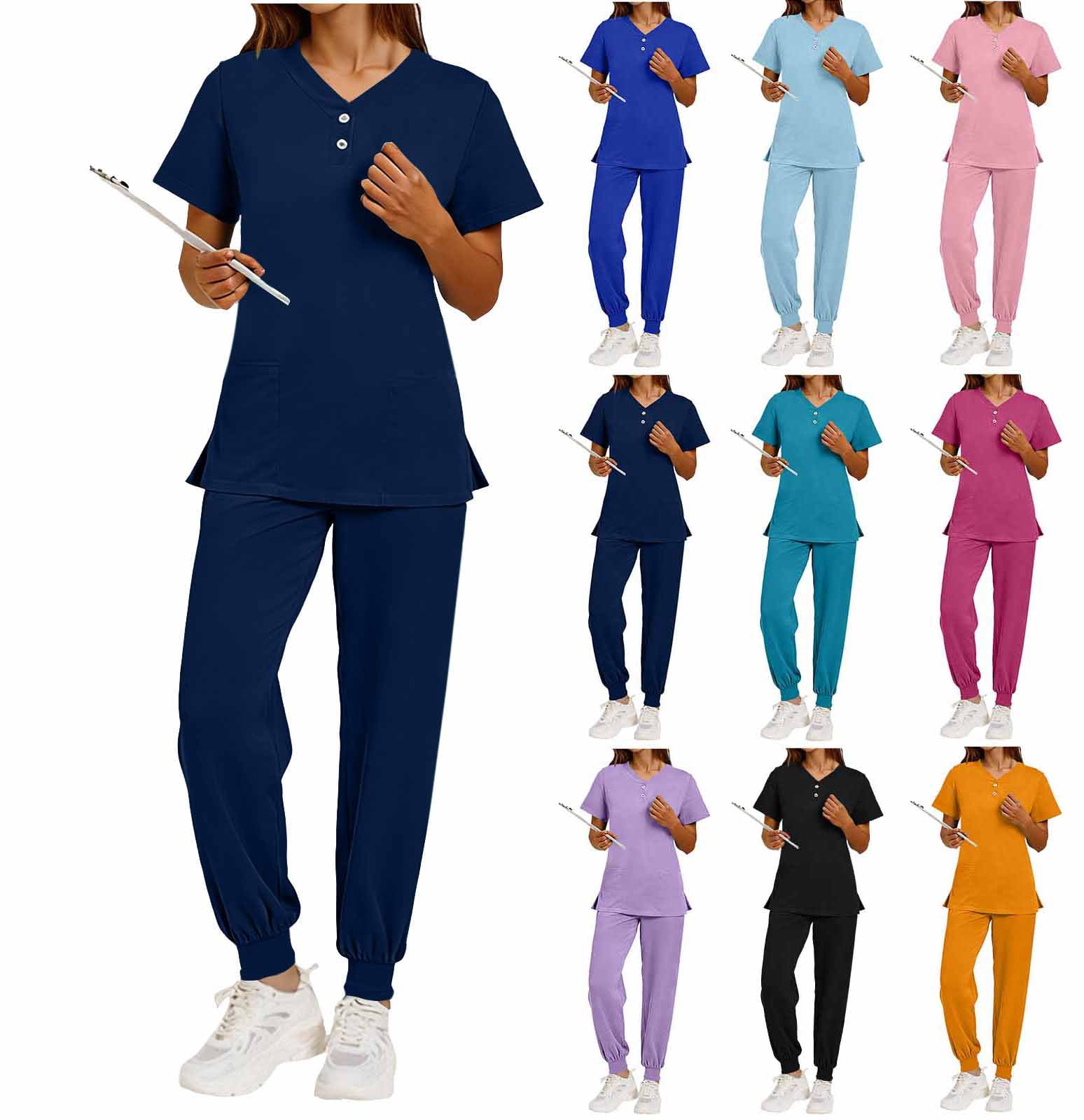 Womens Scrubs Set Short Sleeve V Neck Top & Jogger Pants 2 Piece Nursing Uniform Workwear with Pockets Stretch Breathable Medical Hospital Clinic Outfit
