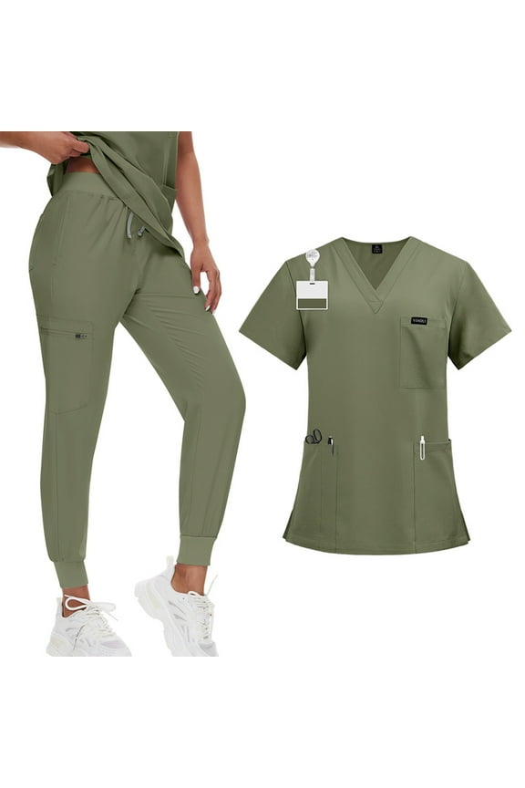 Womens Scrubs Set Spring Summer V-Neck Scrub Top & Jogger Scrub Pants Stretch Nursing Scrubs Set Quick Dry Medical Uniform Suits with Multi Pocket for Doctors, Nurses Army Green L
