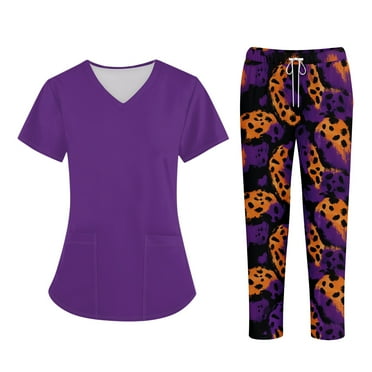 Womens Scrubs Set Stretch V-Neck Scrub Top & Jogger Pant Medical Uniform Scrub Sets Fashion Animal Printed Nurse Work Scrubs Sets with Pockets 01-Beige