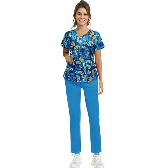 Womens Scrubs Sets Medical Uniform Scrubs Set Medical Scrubs Top and Pants Essential Cool Stretch Jogger Scrub Set with Pockets 01-Blue 2XL