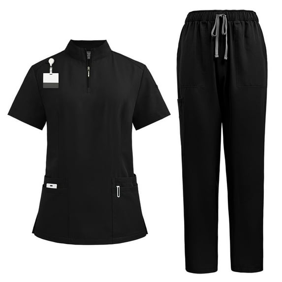 Womens Scrubs Sets V-Neck Short Sleeve Solid Color Nursing Uniforms with Pockets Black XL