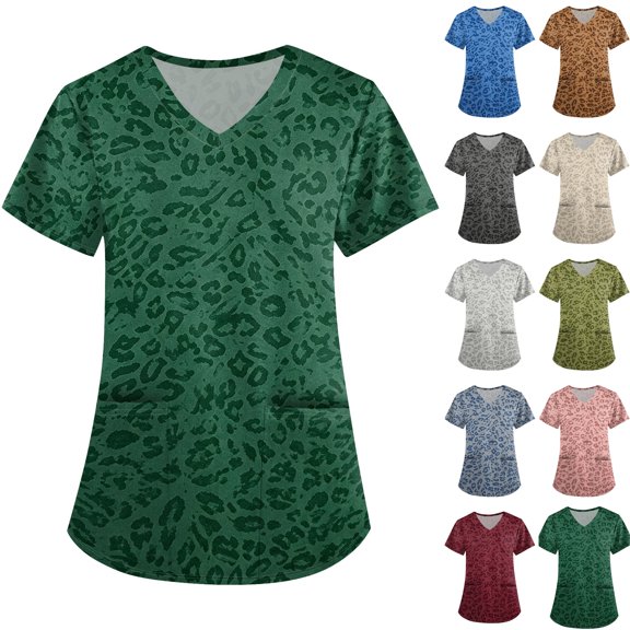 Womens Scrubs Short Sleeve V Neck Medical Work Nurse Uniforms Leopard Print Stretch Lightweight Fall Cute Travel Scrub Tops with Pockets Green M