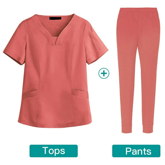 Womens Scrubs Solid Color V-Neck Scrub Uniform Set - Lightweight Poly-Cotton Blend, Chest Pocket & Cargo Pants with Utility Loops Watermelon Red L