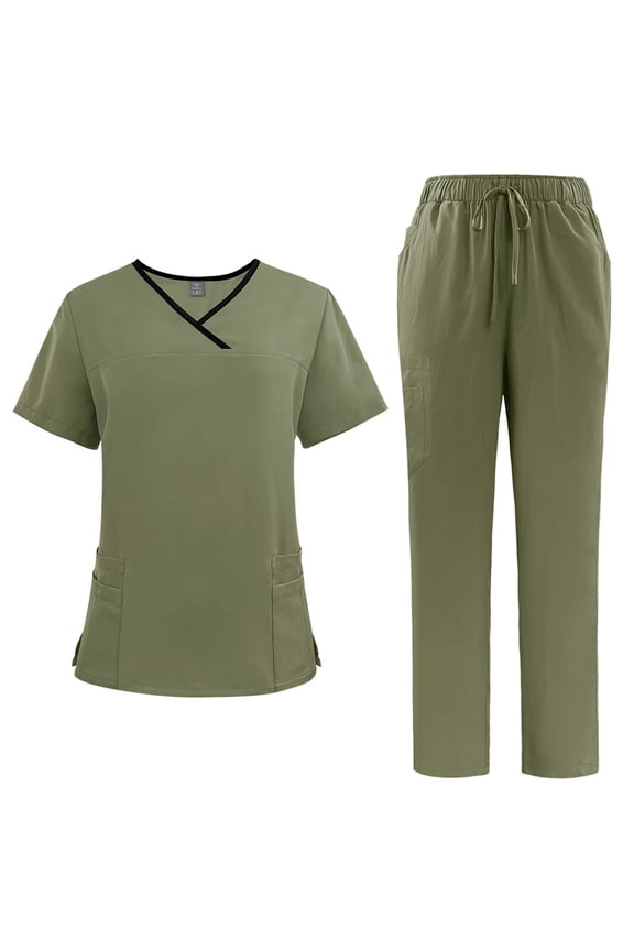 Womens Scrubs Stretch Solid Color Scrub Set - Wrinkle-Resistant Fabric, Utility Pockets, Nurse & Caregiver Approved Army Green M