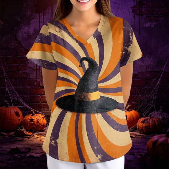 Womens Scrubs T-Shirt Pumpkin Print V Neck Short Sleeve Holiday Tee Casual Winter Top Scrub Tops