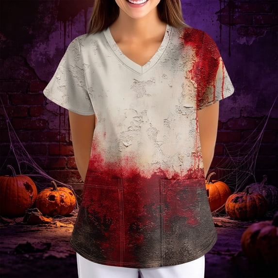 Womens Scrubs T-Shirt V Neck Short Sleeve Holiday Tee Casual Winter Top Scrub Tops