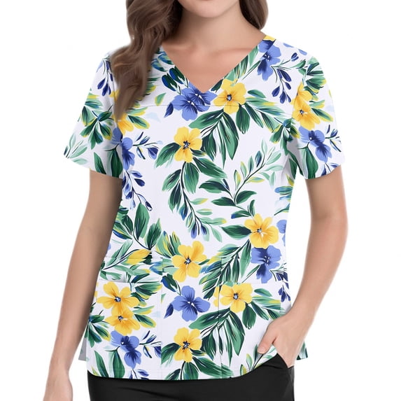 Womens Scrubs Tops Floral Print V Neck Plus Size Scrub Shirts Nurse Stretch Fitted Holiday Short Sleeve Loose Fit Side Slits Uniform Shirts With Pockets Green 5XL