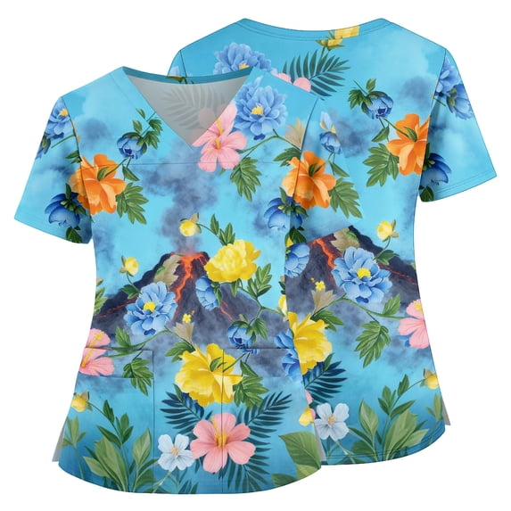 Womens Scrubs Tops Hawaiian Tropic V Neck Plus Size Scrubs Tops Nursing Scrubs Stretchy Summer Holiday Short Sleeve Trendy Side Slits Uniform Shirts With Pockets Sky Blue 3XL