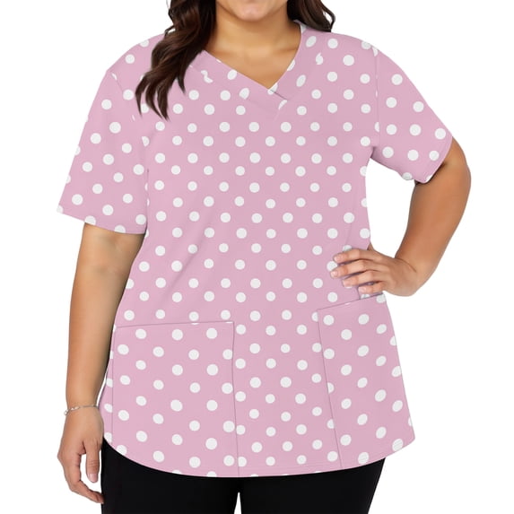 Womens Scrubs Tops Polka Dots V Neck Plus Size Scrub Shirts Nurse Stretch Fitted Holiday Short Sleeve Fashion Side Slits Uniform Shirts With Pockets Pink S
