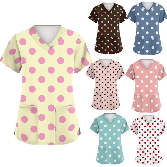 Womens Scrubs Tops Polka Dots V Neck Short Sleeve Plus Size Scrub Shirts Nurse Scrubs Stretch Fitted Summer Holiday Trendy Side Slits Uniform Shirts With Pockets Yellow S