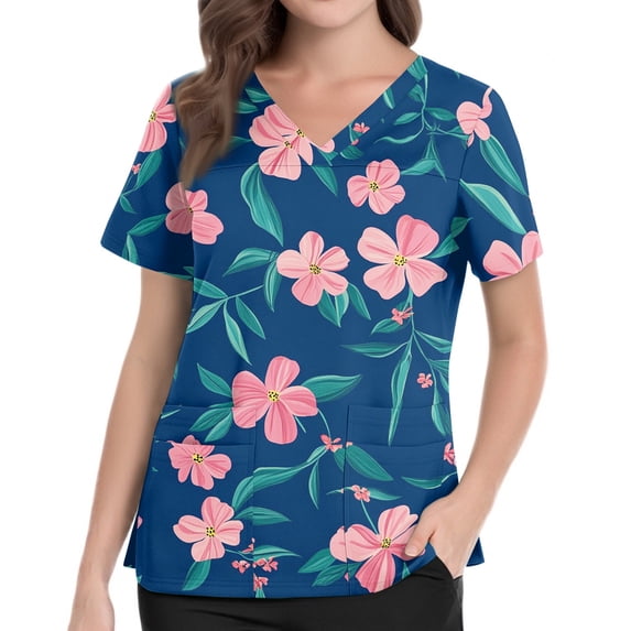 Womens Scrubs Tops V Neck Plus Size Scrub Shirts Floral Print Nurse Stretchy Holiday Short Sleeve Trendy Uniform Shirts With Pockets Dark Blue 4XL
