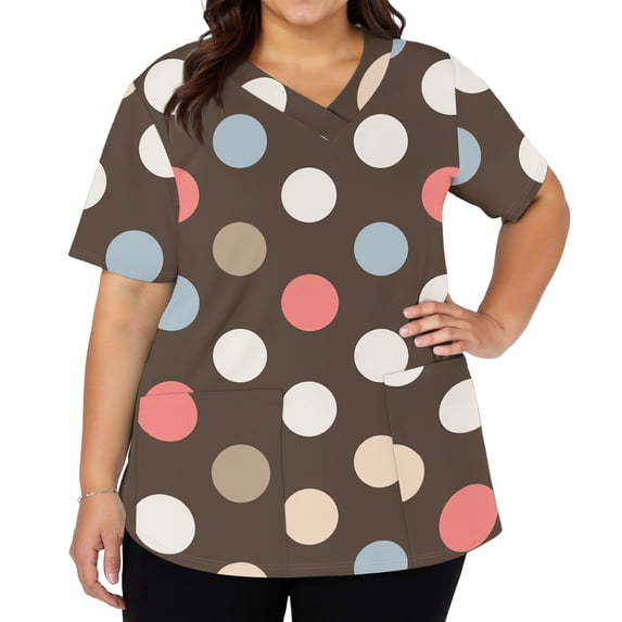 Womens Scrubs Tops V Neck Plus Size Scrubs Tops Polka Dots Nurse Stretchy Holiday Short Sleeve Fashion Uniform Shirts With Pockets Multicolor 4XL