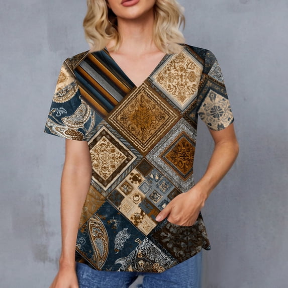 Womens Scrubs Tops V Neck Plus Size Scrubs Tops Vintage Floral Print Nurse Stretch Fitted Holiday Short Sleeve Fashion Uniform Shirts With Pockets Brown 3XL