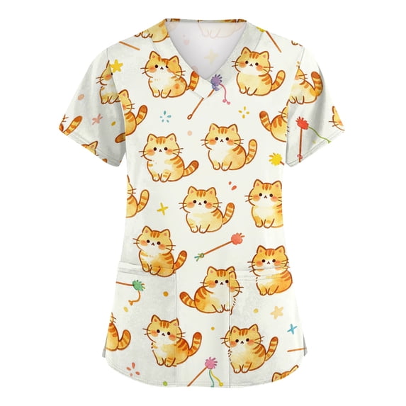 Womens Scrubs Tops V-Neck Short Sleeve Cute Animal Print Nurse Tee Shirts Casual Scrub Tops with Pockets - Beige - 3XL