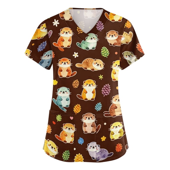 Womens Scrubs Tops V Neck Short Sleeve Nurse Shirts Cute Animal Printed Stretch Work Uniform Medical Scrubs with Pockets - Brown - L