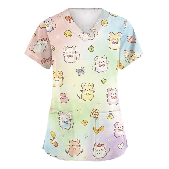 Womens Scrubs Tops V Neck Short Sleeve Nurse Shirts Cute Animal Printed Stretch Work Uniform Medical Scrubs with Pockets - Multicolor - L