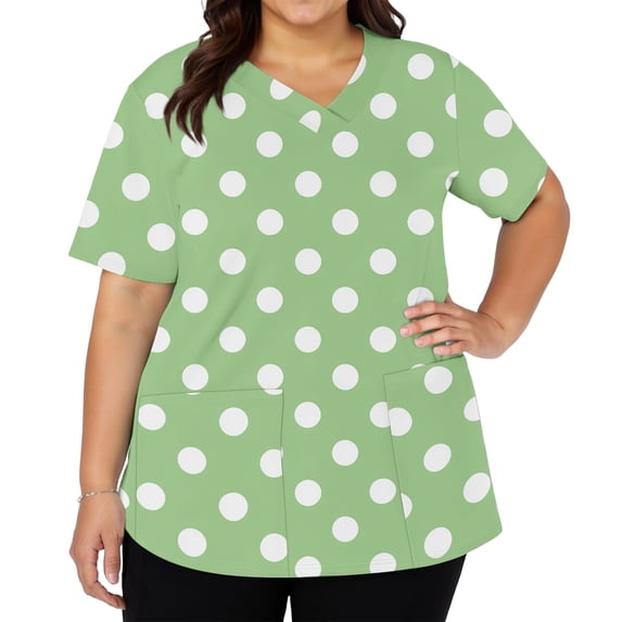 Womens Scrubs Tops V Neck Short Sleeve Plus Size Scrubs Tops Polka Dots Nurse Scrubs Stretchy Summer Holiday Trendy Uniform Shirts With Pockets Green M