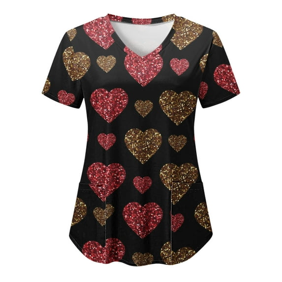 Womens Scrubs V-Neck Medical Scrub Top Short Sleeve Plus Size Blouse Workwear Scrubs Cute Cartoon Print Nurse Uniform Shirts with Pockets