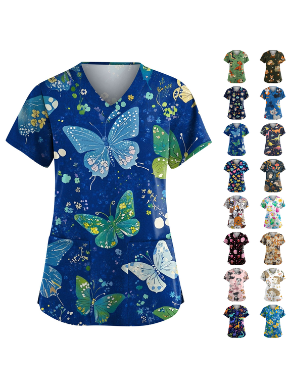 Womens Scrubs V-Neck Patchwork Printed Scrub Top Short Sleeve Nurse Shirts Plus Size Work Tops with Pockets Blue S