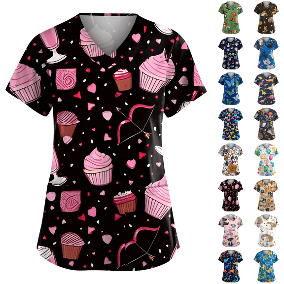 Womens Scrubs V-Neck Patchwork Printed Scrub Top Short Sleeve Nurse Shirts Plus Size Work Tops with Pockets Pink XL