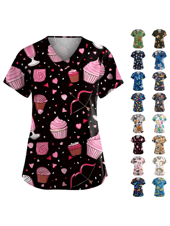 Womens Scrubs V-Neck Patchwork Printed Scrub Top Short Sleeve Nurse Shirts Plus Size Work Tops with Pockets Pink XL