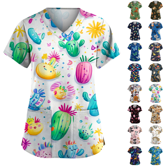 Womens Scrubs V-Neck Patchwork Printed Scrub Top Short Sleeve Nurse Shirts Plus Size Work Tops with Pockets White M