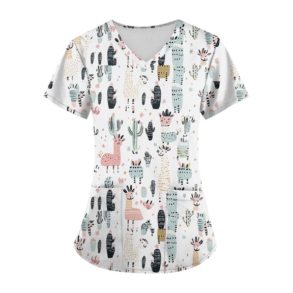 Womens Scrubs,V-Neck Scrub Tops with Animal Pattern - Wrinkle-Resistant Nursing Uniform with Pockets - White - XXXXXL