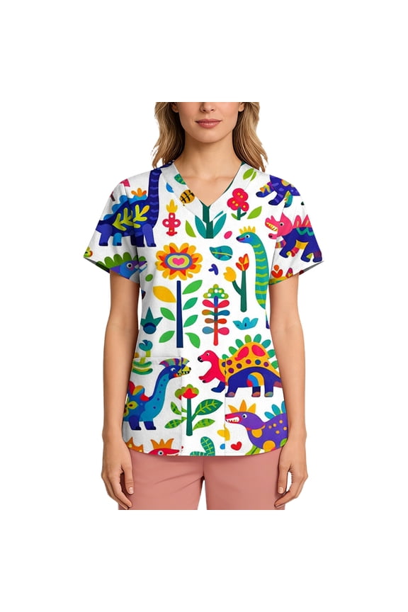 Womens Scrubs V-Neck Short Sleeve Animals Print Scrub Tops Cute Cartoon Medical Work Shirts