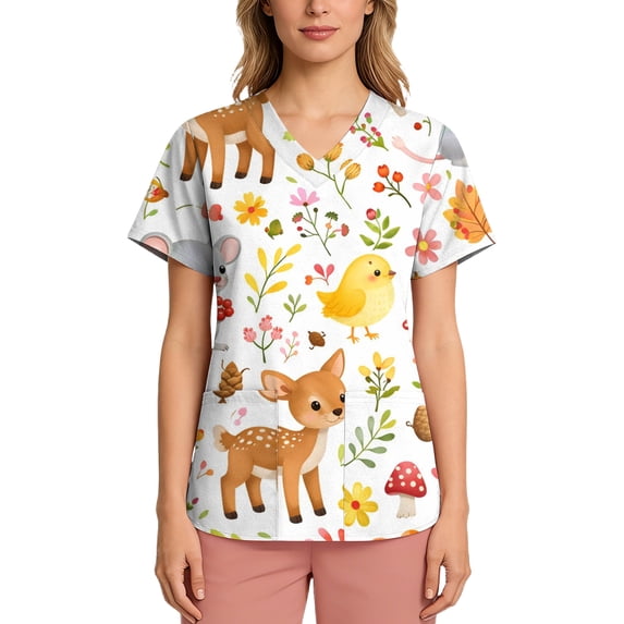 Womens Scrubs V-Neck Short Sleeve Animals Print Scrub Tops Cute Cartoon Medical Work Shirts