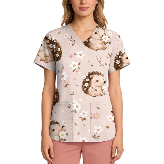 Womens Scrubs V-Neck Short Sleeve Animals Print Scrub Tops Cute Cartoon Medical Work Shirts