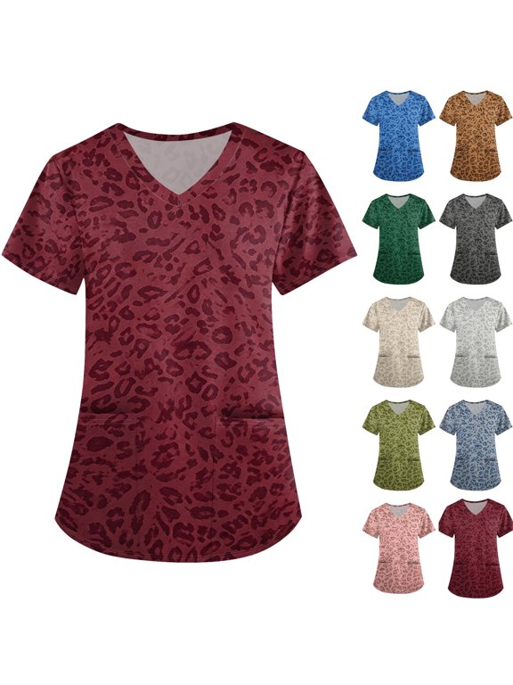 Womens Scrubs V Neck Short Sleeve Leopard Print Lightweight Nurse Uniforms Stretch Medical Cozy Breathable Basic Trendy Scrub Tops with Pockets Red S