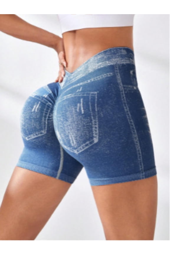 Womens Scrunch Butt Lifting Shorts Faux Denim Gym Booty Shorts Seamless High Waist Workout Yoga Biker Jean Shorts V Back Denim Shorts Blue S