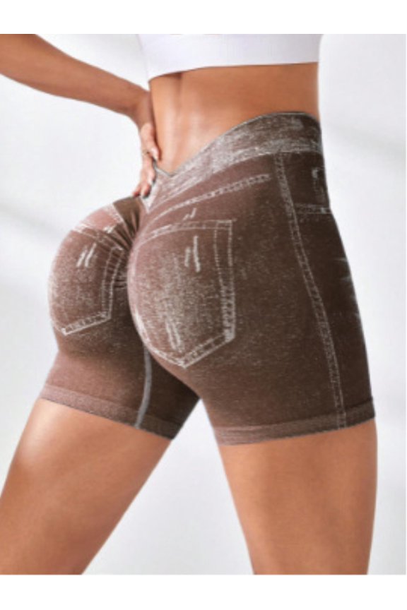 Womens Scrunch Butt Lifting Shorts Faux Denim Gym Booty Shorts Seamless High Waist Workout Yoga Biker Jean Shorts V Back Denim Shorts Coffee M