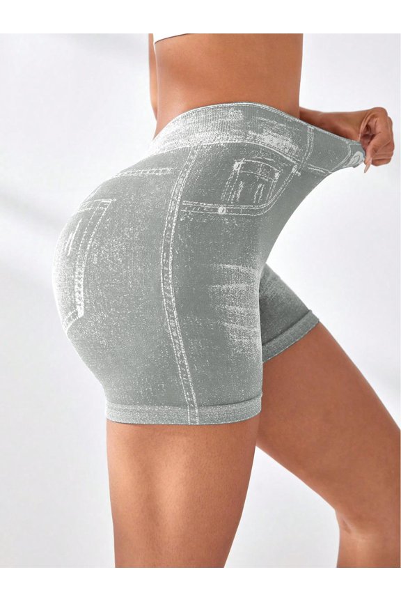 Womens Scrunch Butt Lifting Shorts Faux Denim Gym Booty Shorts Seamless High Waist Workout Yoga Biker Jean Shorts V Back Denim Shorts Light Grey L