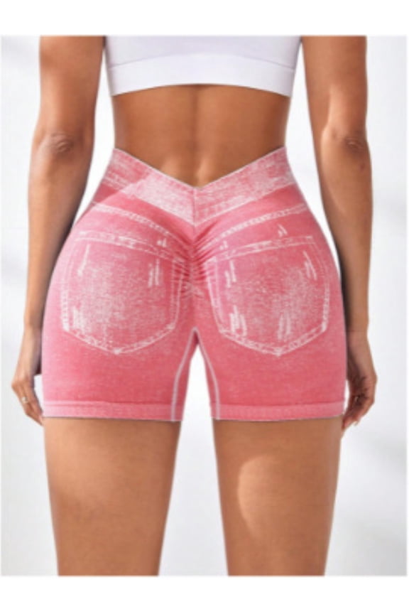 Womens Scrunch Butt Lifting Shorts Faux Denim Gym Booty Shorts Seamless High Waist Workout Yoga Biker Jean Shorts V Back Denim Shorts Pink S