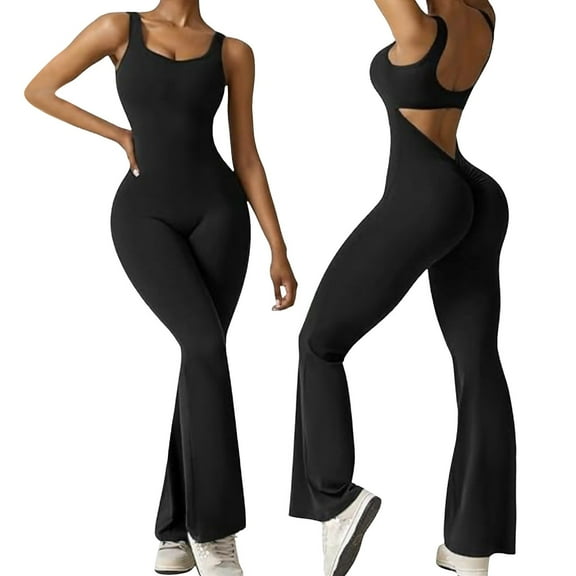 Womens Scrunch Jumpsuits 2024 Crew Neck Seamless Romper V Back Gym Booty Leggings Bodycon Workout Yoga Unitard Rompers for Women Ladies Long Sleeve Rompers Overalls Women Body Work Suit Low Cut Women