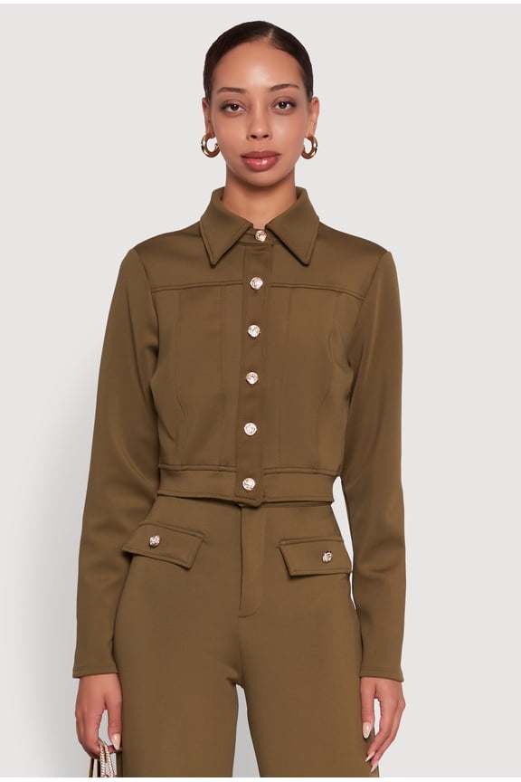 Womens Scuba Metallic Button Front Cropped Shacket