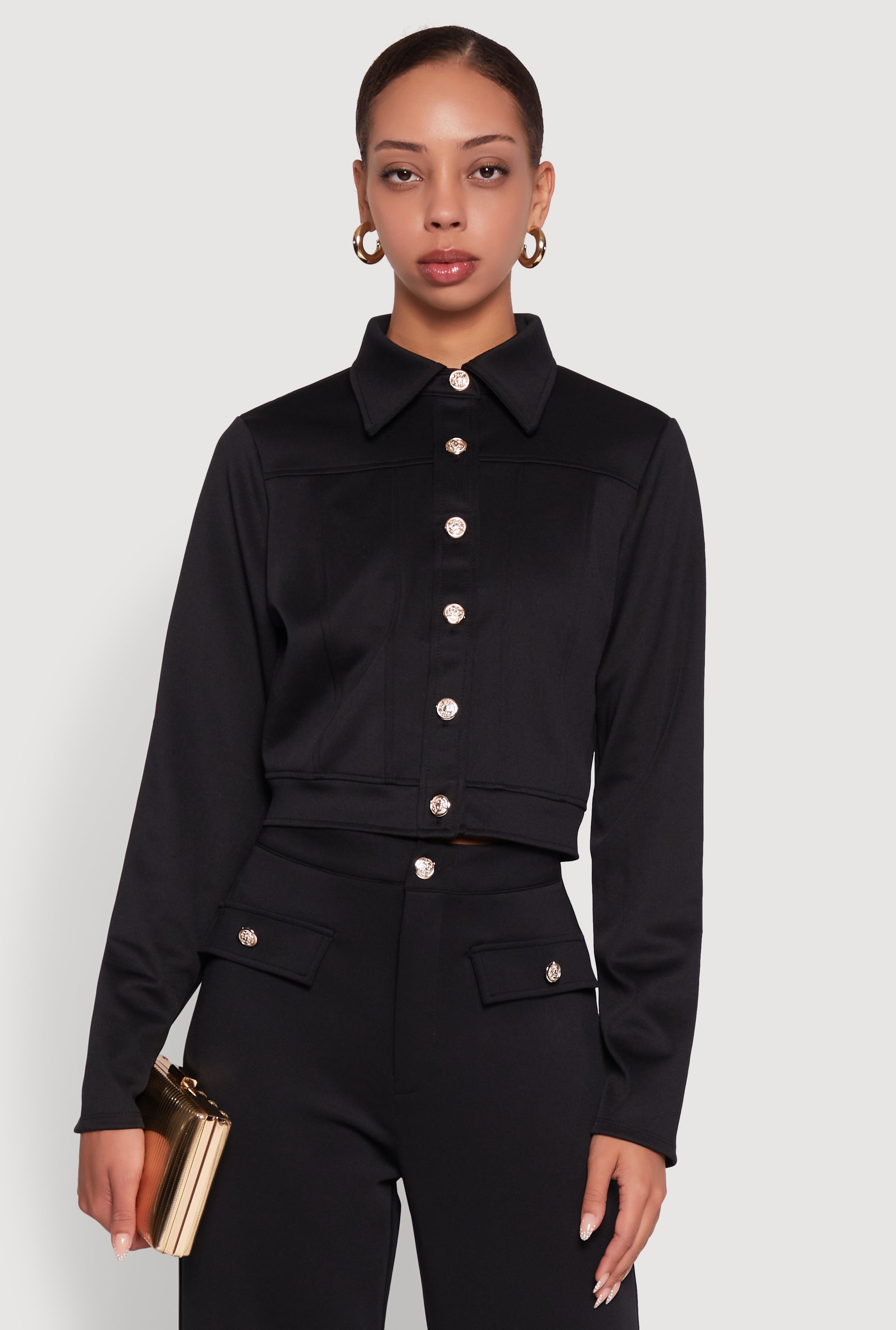 Womens Scuba Metallic Button Front Cropped Shacket - Walmart.com