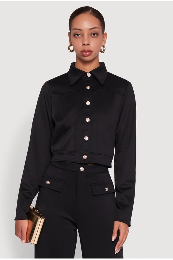 Womens Scuba Metallic Button Front Cropped Shacket