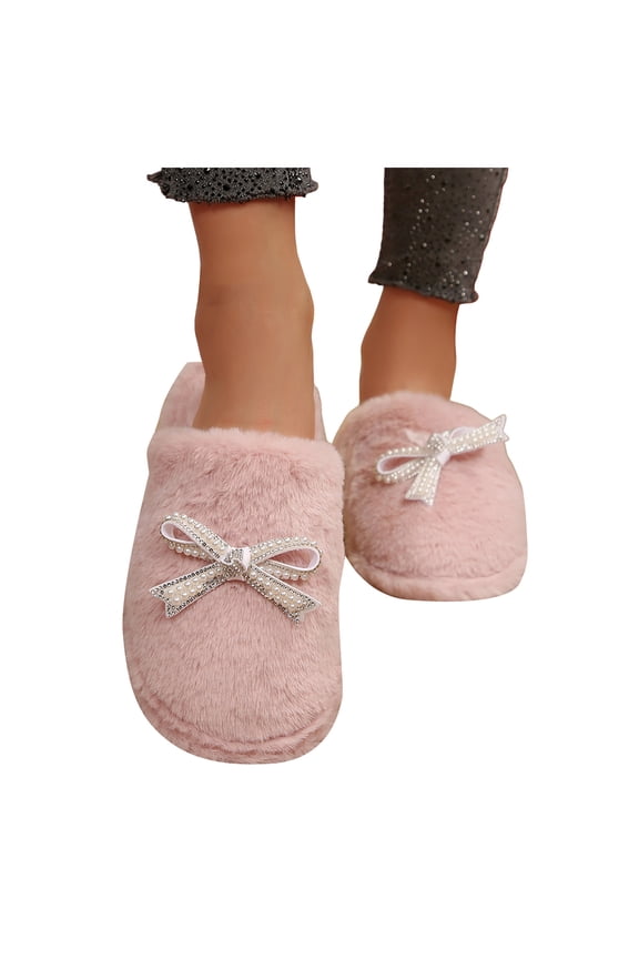 Womens Scuff Slippers Trendy Bowknot Plush Memory Foam Slip on House Shoes Comfy Winter Warm Slides