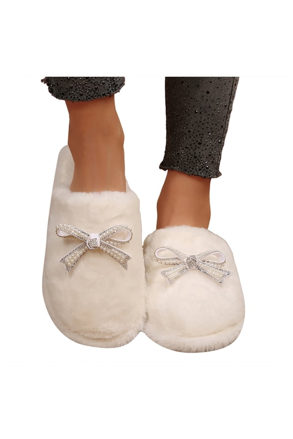Womens Scuff Slippers Trendy Bowknot Plush Memory Foam Slip on House Shoes Comfy Winter Warm Slides