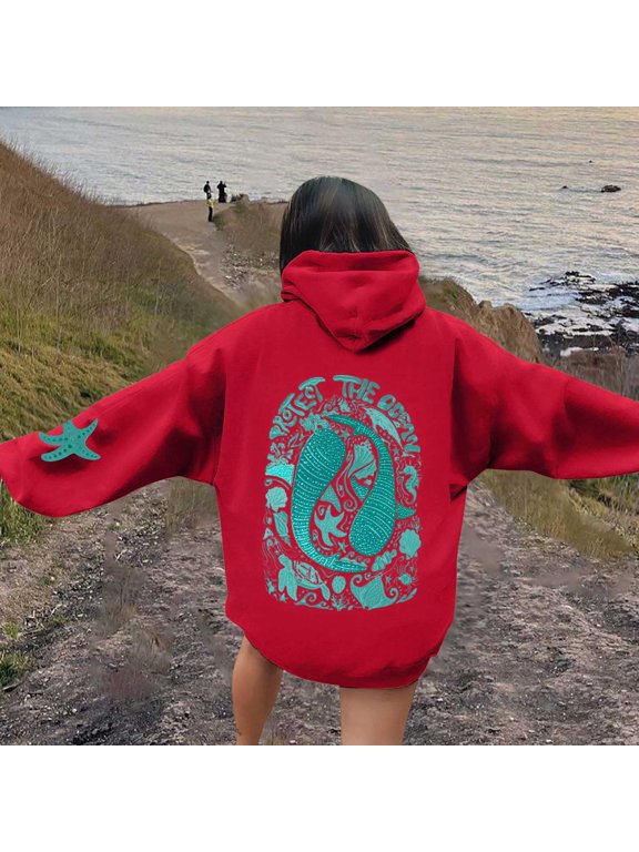 Womens Sea Turtle Hoodie Ocean Graphic Back Print Sweatshirts Long Sleeve Drawstring Hood Beach Pullover Top Red S