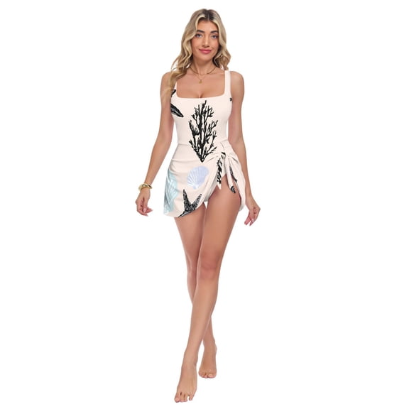 Womens Seahorse Star Pattern Print 2-in-1 Swim Dress Detachable Skirt One-Piece Swimsuit Square Neck S-XXL