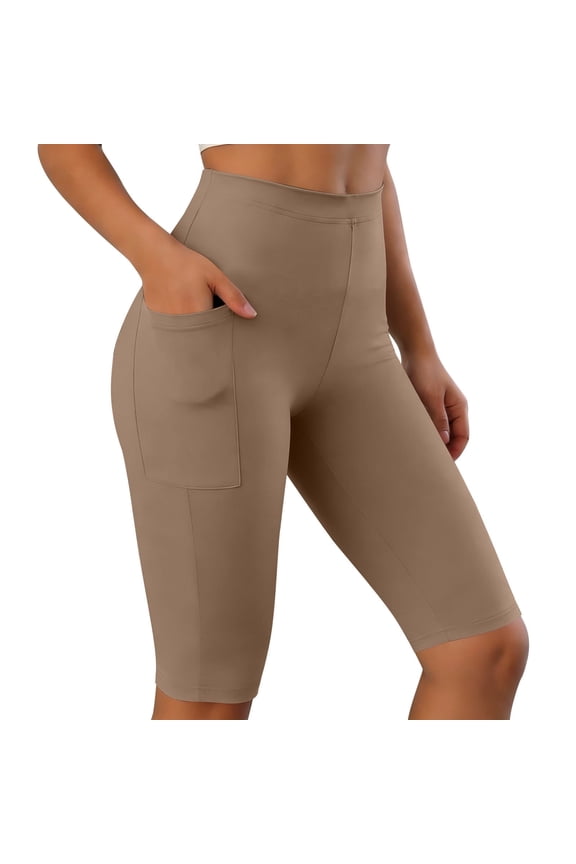Womens Seamless Biker Shorts High Rise Tummy Control Knee Lenght Leggings Stretch Exercise Short with Pocket