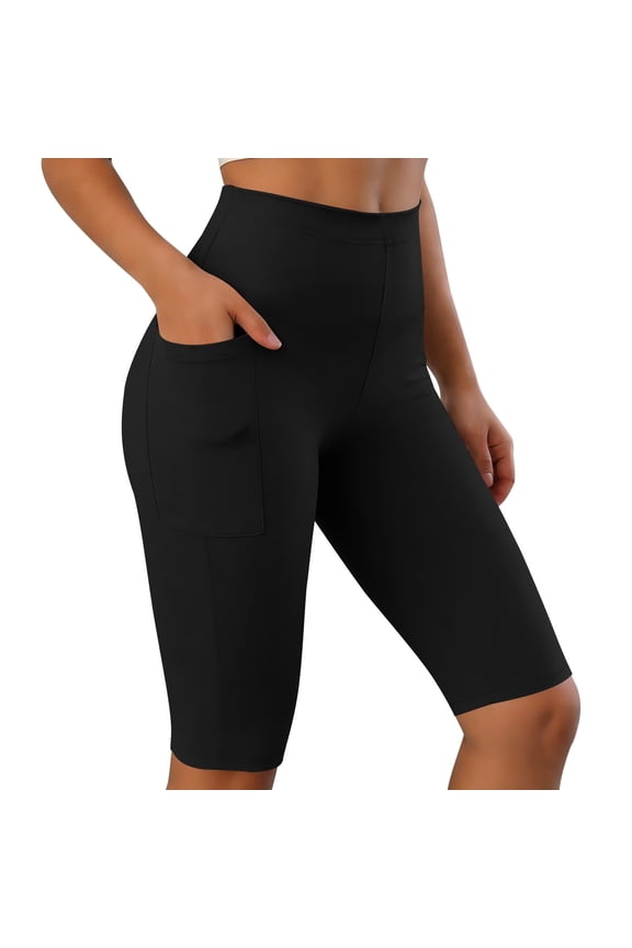 Womens Seamless Biker Shorts High Rise Tummy Control Knee Lenght Leggings Stretch Exercise Short with Pocket