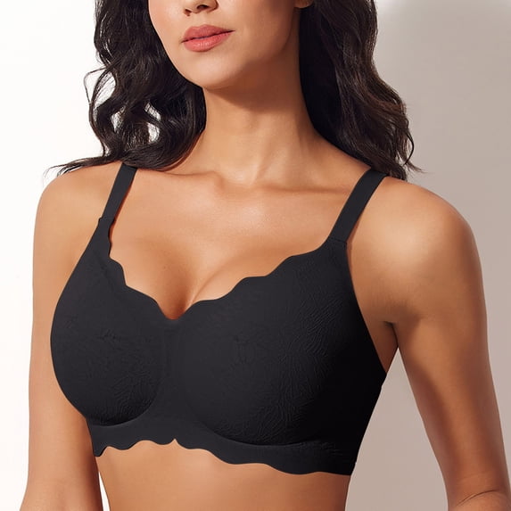 Womens Seamless Bras No Underwire Supportive Wireless Push Up Full Coverage Bralette Comfort Scalloped T-Shirt Bra Black XL