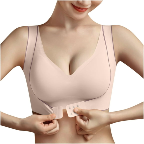 Womens Seamless Bras, Women's Front Closure Bra One Piece Comfort Wireless Bottom Hem Bras Wide Strap Deep V Bras M-2XL