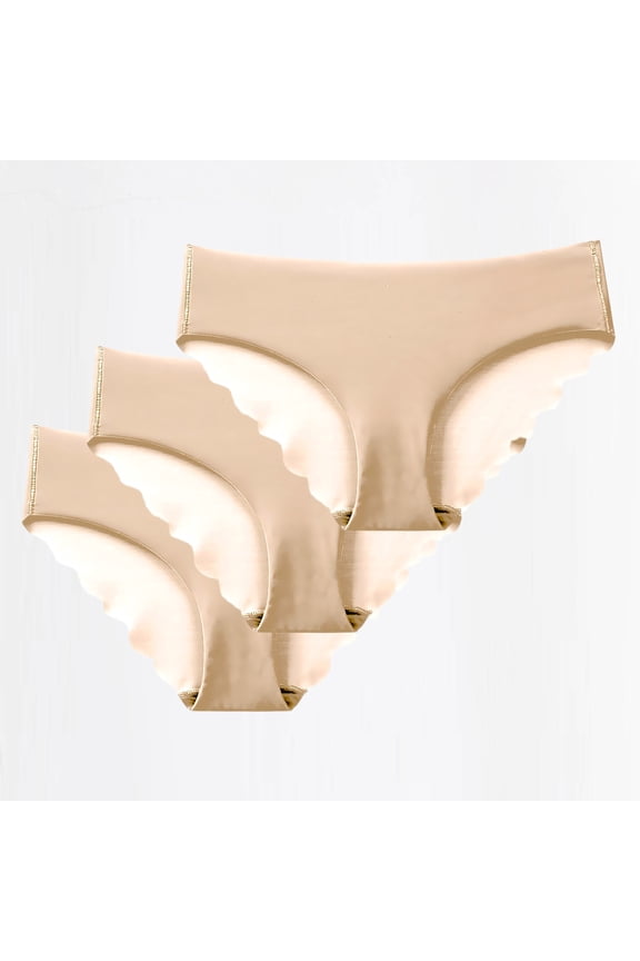 Womens Seamless No Show Underwear 3 Pack - Invisible Seamless Briefs with Scalloped Edge, Soft Breathable Panties, Beige, S-XXL,Size S